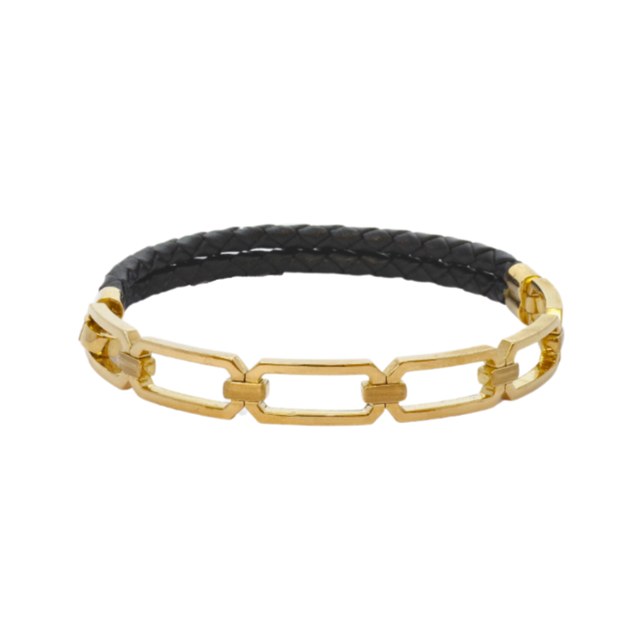 Chunky Chain Links & Leather Bracelet | 9K Yellow Gold