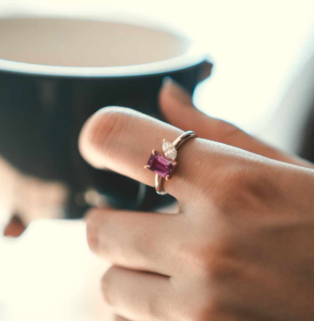 RING | 18K White & Rose Gold Pink Sapphire and Diamonds Ring