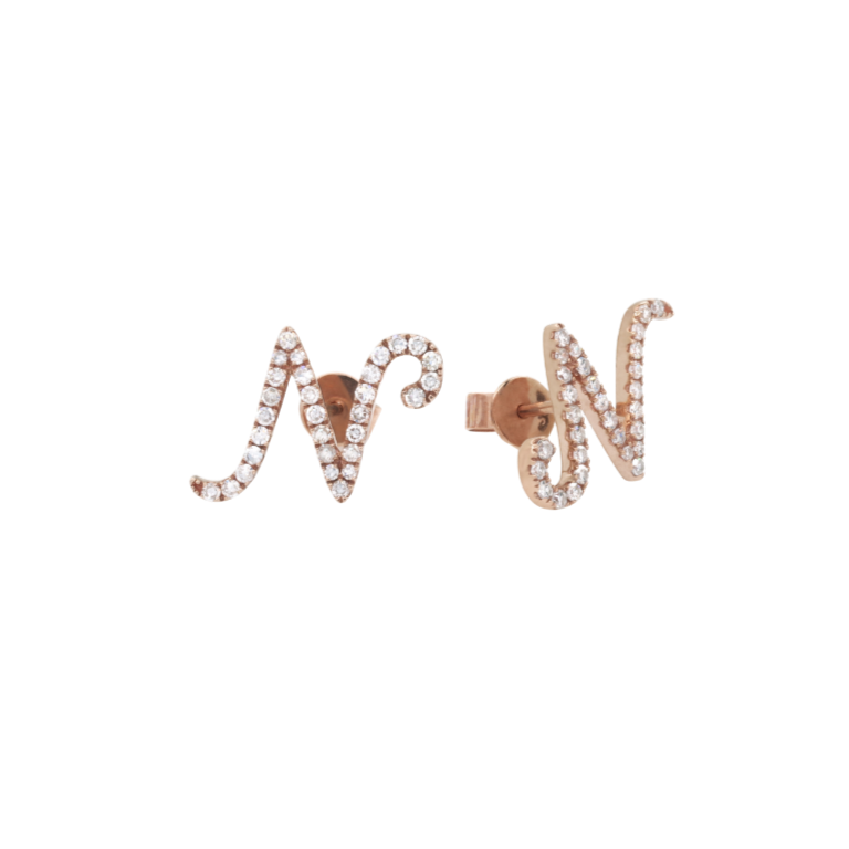 EARRINGS | 9K Rose Gold Initial 'N' Letter Stud Earrings with Diamonds