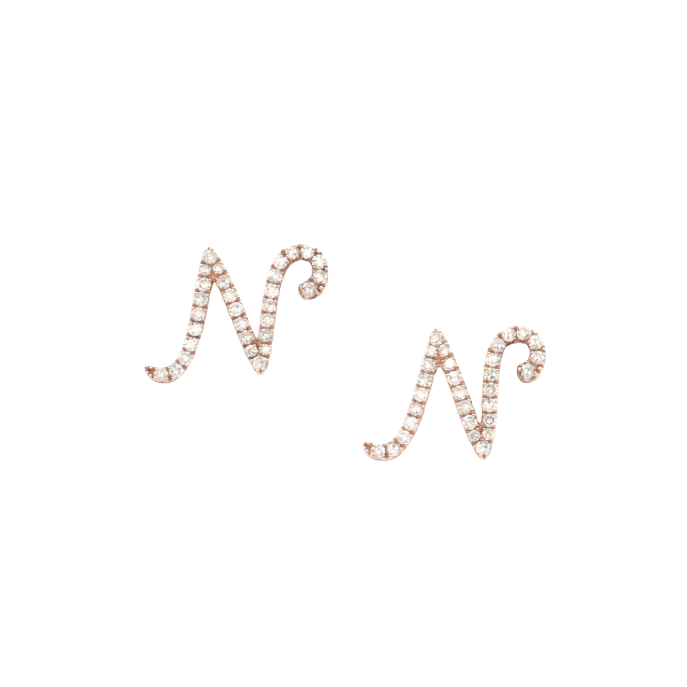 EARRINGS | 9K Rose Gold Initial 'N' Letter Stud Earrings with Diamonds